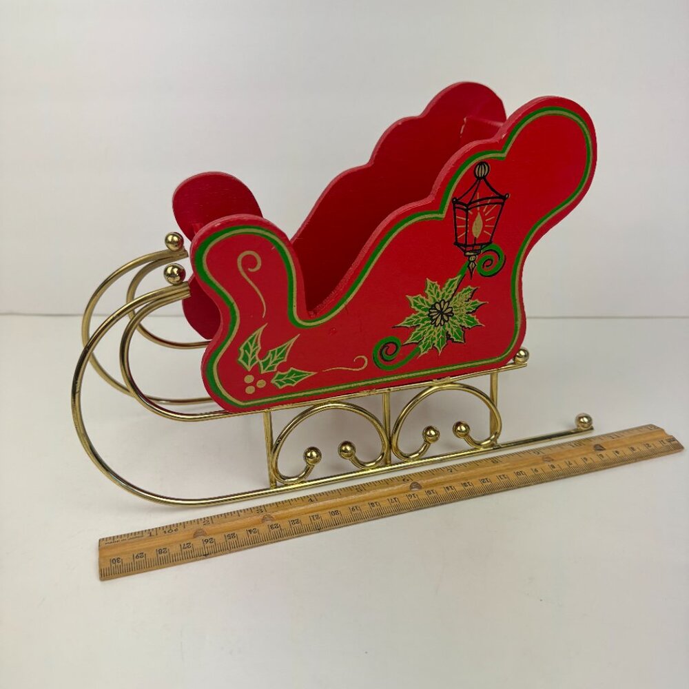Vtg Christmas Holiday Santa Sleigh Sled Wood Metal Gold Legs Skis Red Green READ